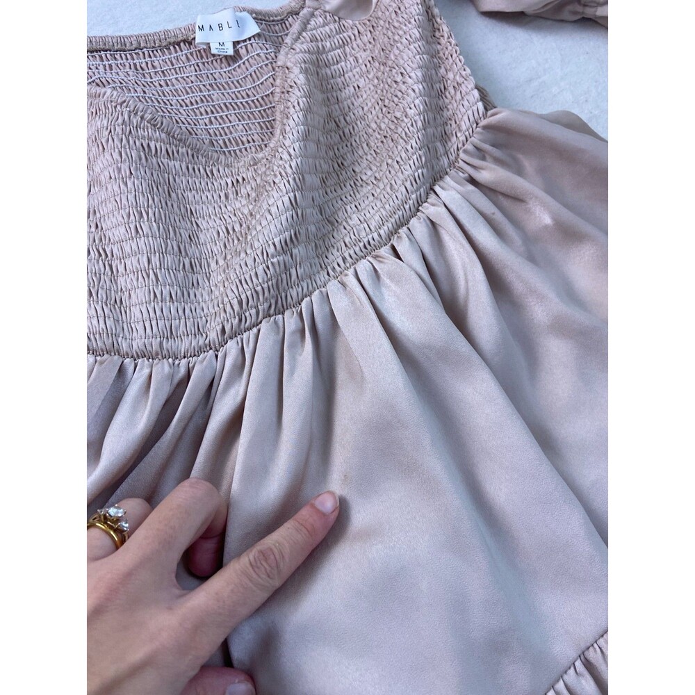 Mable Size M Babydoll Beige Cream Smocked Ruffle Mini Dress Stretch Party STAINS - Picture 9 of 12